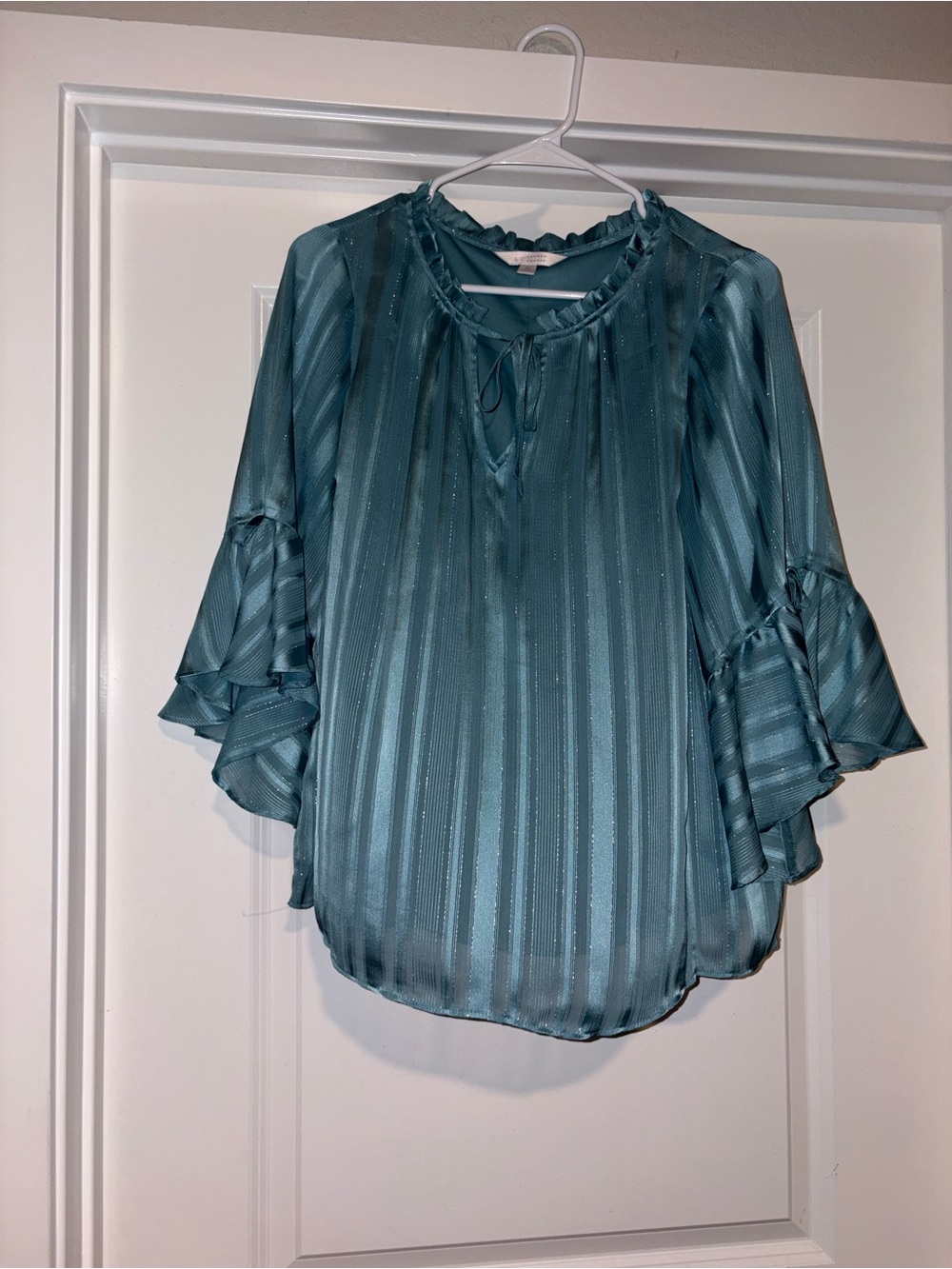 Lauren Conrad Teal Stripe Ruffle Sleeve Women's Blouse